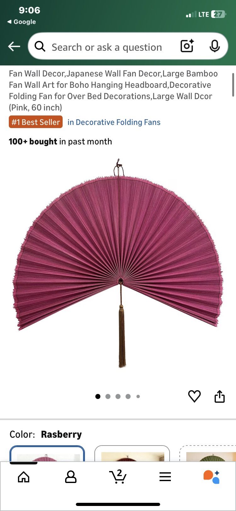 60 In,Japanese Wall Fan Large Bamboo Boho Hanging Headboard Folding Fan Over Bed Decor(pink) New