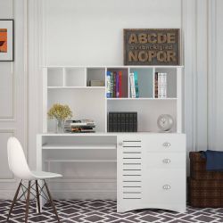 White Modern Retangular Wood 3-Drawer Computer Desk with Hutch(new Box