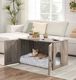 Cat Litter Box Enclosure, End Table, 31.5 x 20.9 x 19.7 Inches Litter Box Furniture Hidden with Removable Divider, Indoor Cat House, Greige, HAINS Col