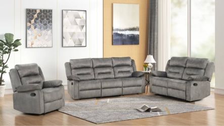 All power electric ! Gray microfiber fully reclining three piece couch set