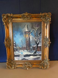 Original Winter Village Oil Painting in Ornate Gold Frame