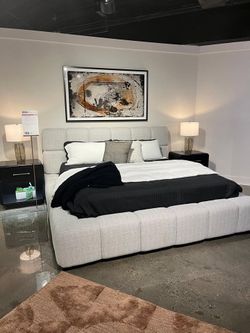 Contemporary design upholstered bed features Plush, deep pillowed tufting
