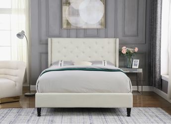 Queen Ivory Velvet Living Spaces Bed Frame and Headboard