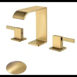 2 Handle 8" Widespread 3-Hole Waterfall Bathroom Faucet w/Drain in Brushed Gold