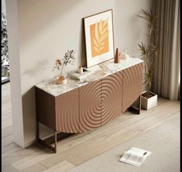 STUNNING DESIGN SIDEBOARD  OR ENTRY WAY IN BROWN COOPER COLOR & MARBLE STYLE TOP BRAND NEW 63X16X35