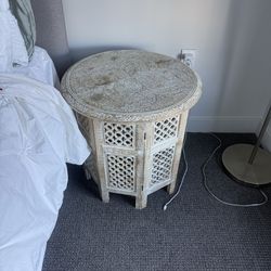 Wayfair queen bed + vintage table