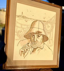 Vintage 1970s Fisherman Embroidery / Crewel Wall Art – Framed – 29” x 24”