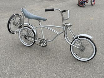 1970s Stingray Lowrider S Frame 16” 52 Spoke Wire Wheels Continental Spare Tire Kit Twisted Metal Pedals 18” Banana Seat Wald Fenders 6” Apes