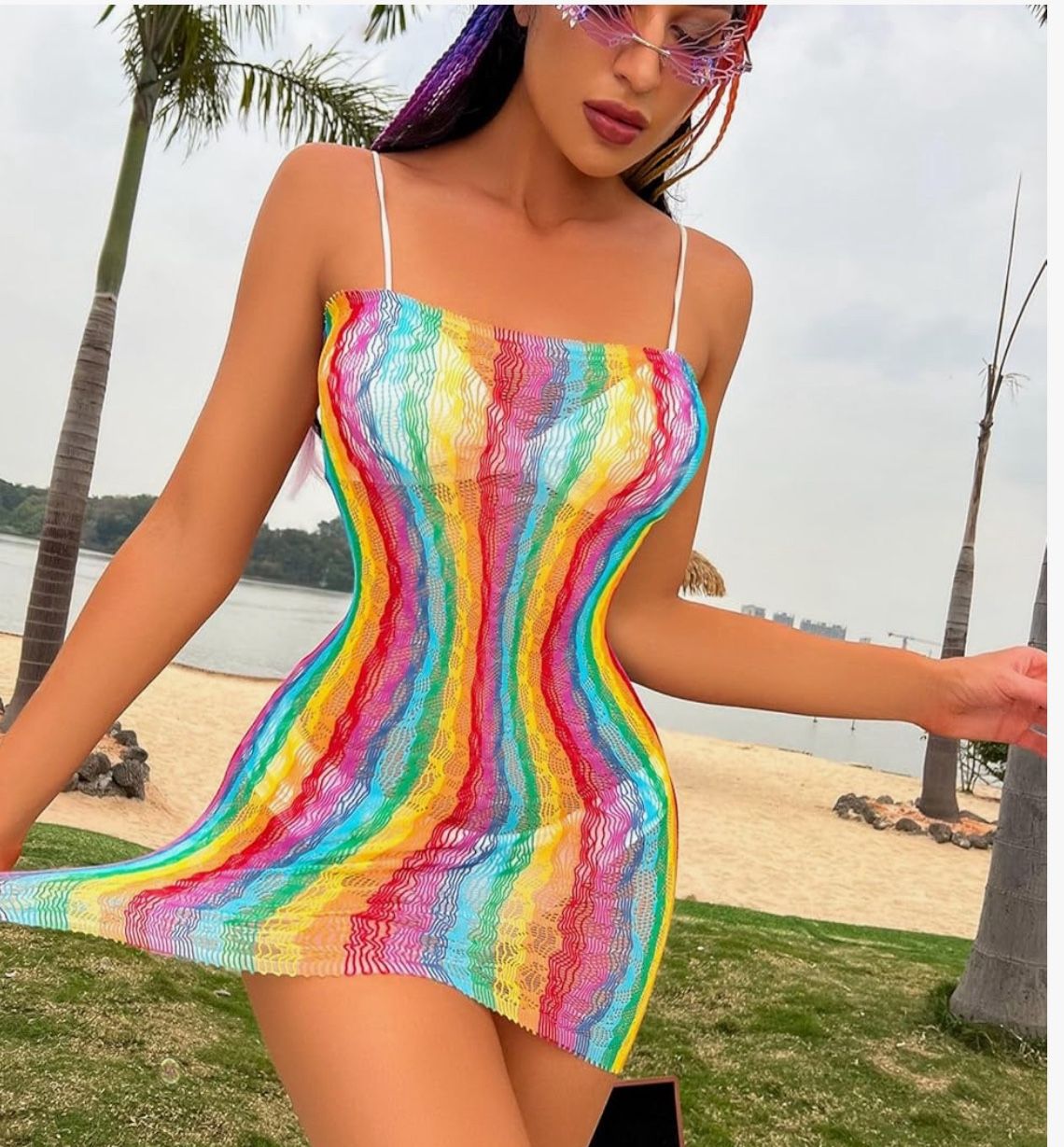 Womens Sexy Fishnet Rainbow Mini Dress Exotic Lingerie See Though Bodycon Colorful Stripes Babydoll One Size