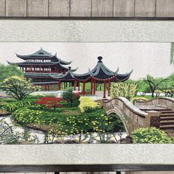 Gorgeous Finely Detailed Silk Thread Suzhou Embroidery Of Asian Garden Scene.