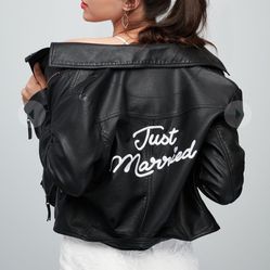 just married embroidered vegan leather moto jacket
