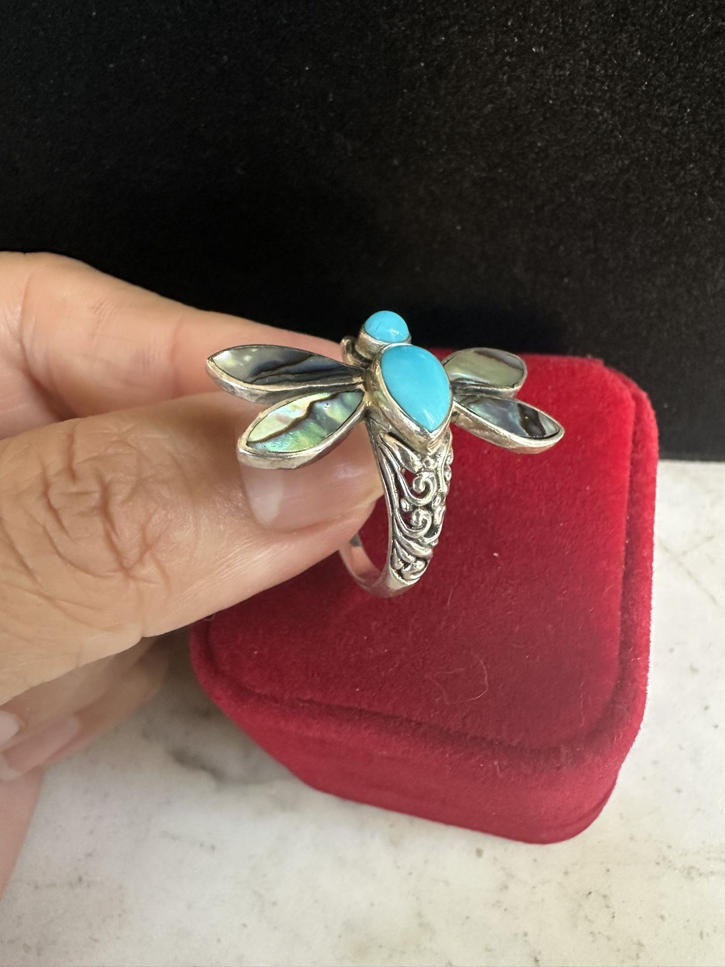 925 Sterlings Silver W/ Genuine Abalone And Turquoise Dragonfly Ring , Beautiful!! Marked 925 , Large Stunning Ring , Size 9.75