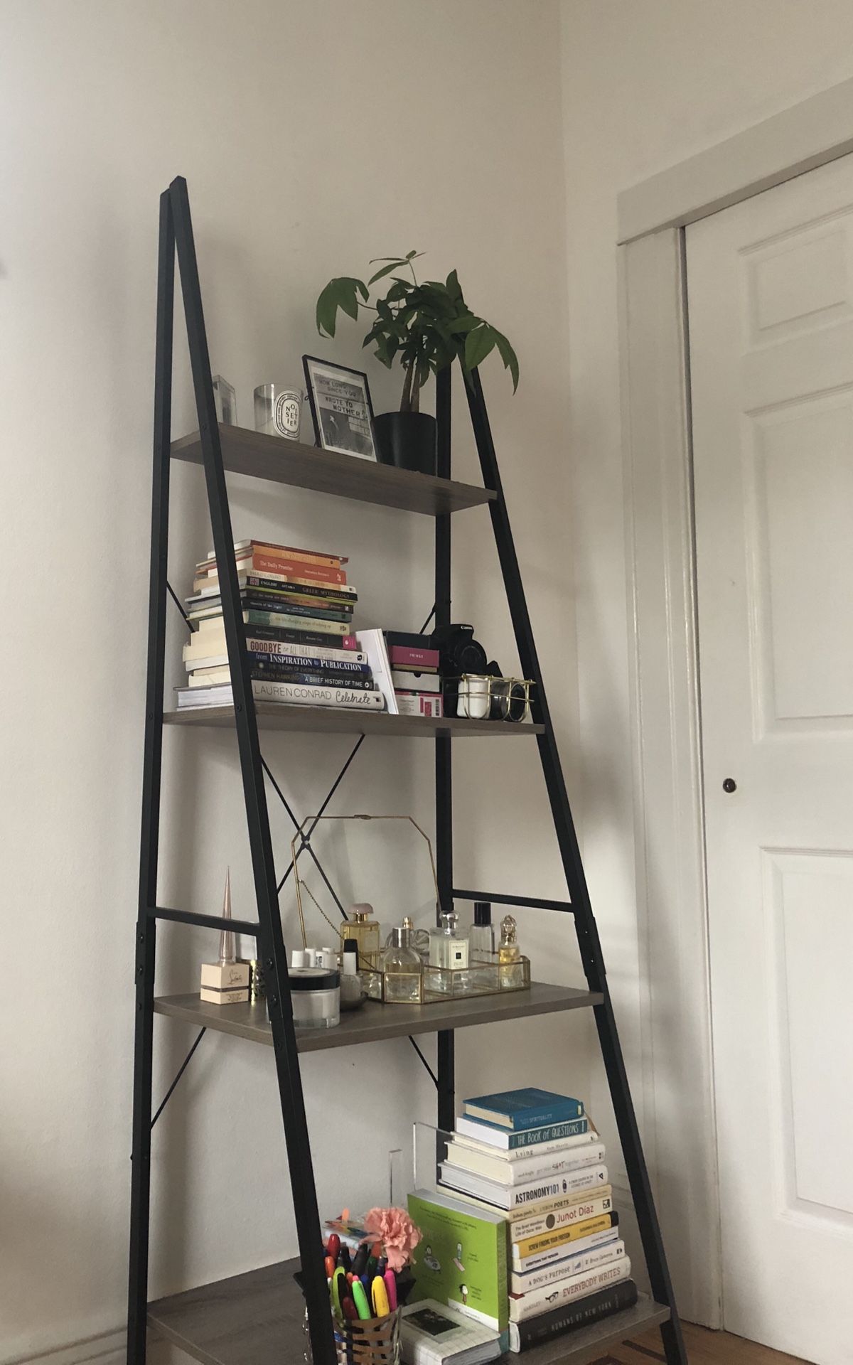 Gray Wood and Black Steel Ladder Shelf