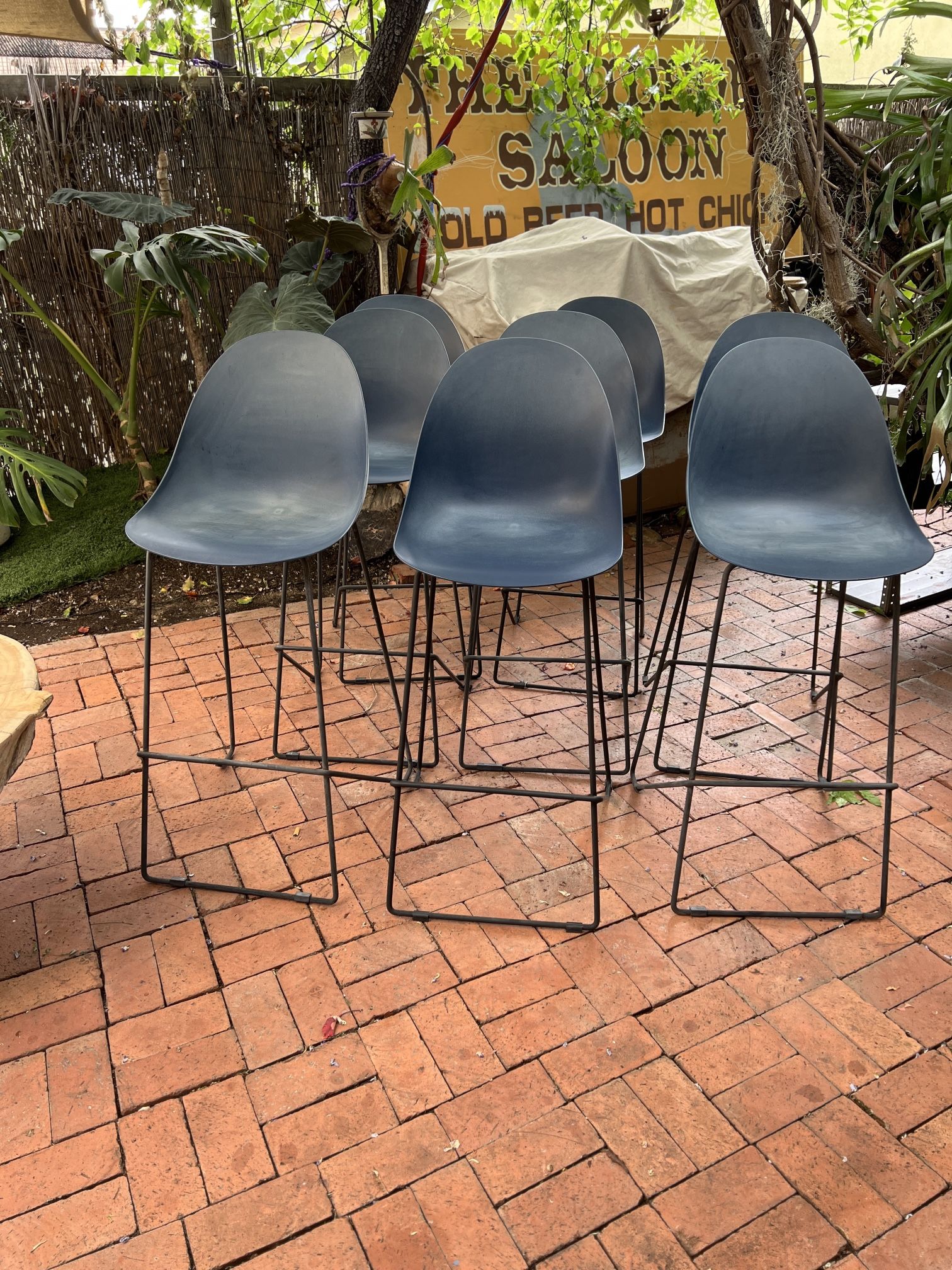 8 Modern Blue Molded Bar Stools – Sleek Wire Base – Sunwashed Coastal Look