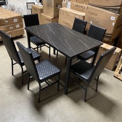Dining Table Set for 6, Faux Marble Kitchen Table Chairs Set of 6, Dining Room Sets with PU Leather Chairs for Small Space (Black & Black)