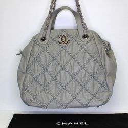 Chanel Ultra Stitch Top Handle Bowling Bag Quilted Gray Calfskin Large