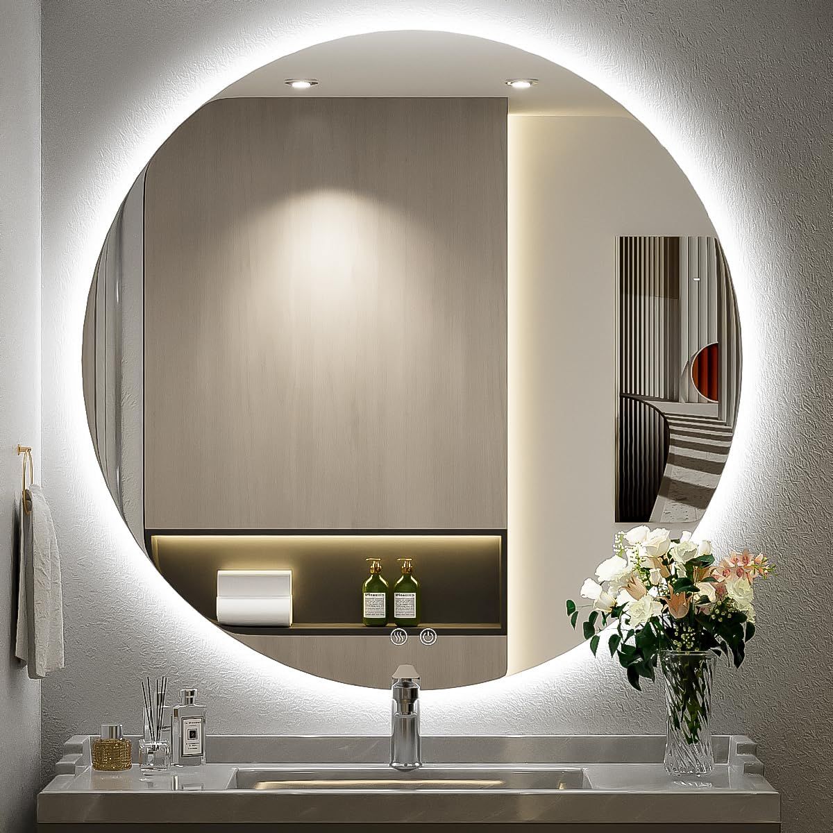32 Inch LED Backlit Round Mirror Dimmable Lighted Bathroom 6000K Wall Mounted Mirror Anti-Fog, Touch Switch and CRI 90+