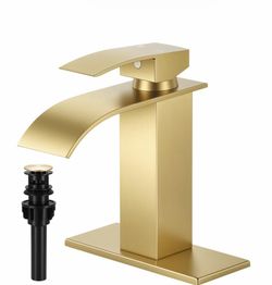 Brushed Gold Bathroom Faucets, Waterfall Bathroom Sink Faucet Single Handle Bathroom Faucet For 1 Or 3 Hole, Mixer Tap Vanity Faucet With Deck Plate, 