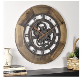 Industrial Style Wall Clock With Gear Design Round Large Distressed Brown Wooden Border 19”