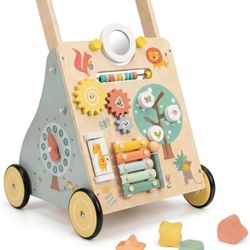 New - Wooden Baby Walker, Multiple Learning Activities Center Develops Motor Skills for Infant to Toddler, Push and Pull Walkers with Wheel for Boys G