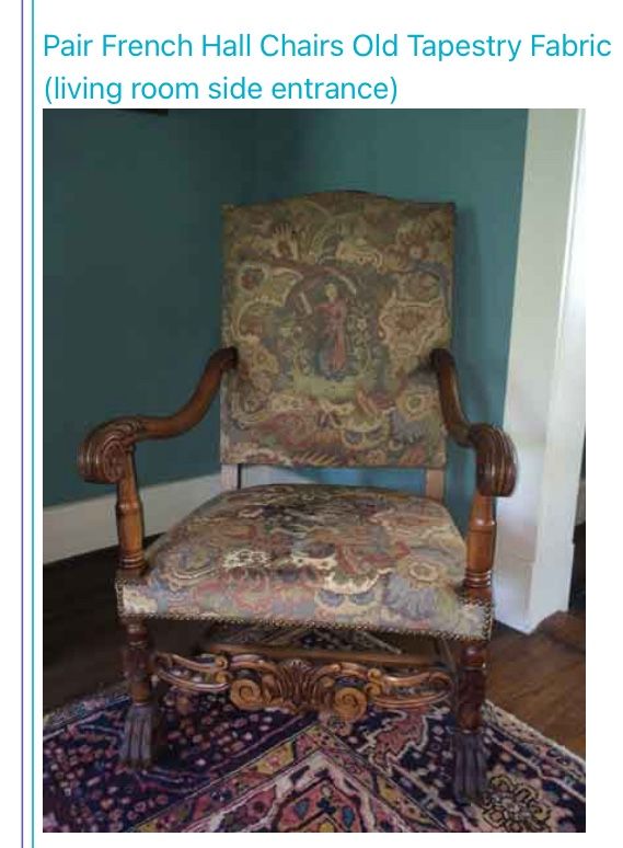Pair French Hall Chairs Old Tapestry Fabric Set Of 2
