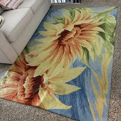 Large Floral Sunflower Area Rug 59” x 89” Blue Yellow Statement Rug Cottage Farmhouse