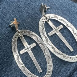 Sterling Silver +CROSS Stamped  Oval Earrings