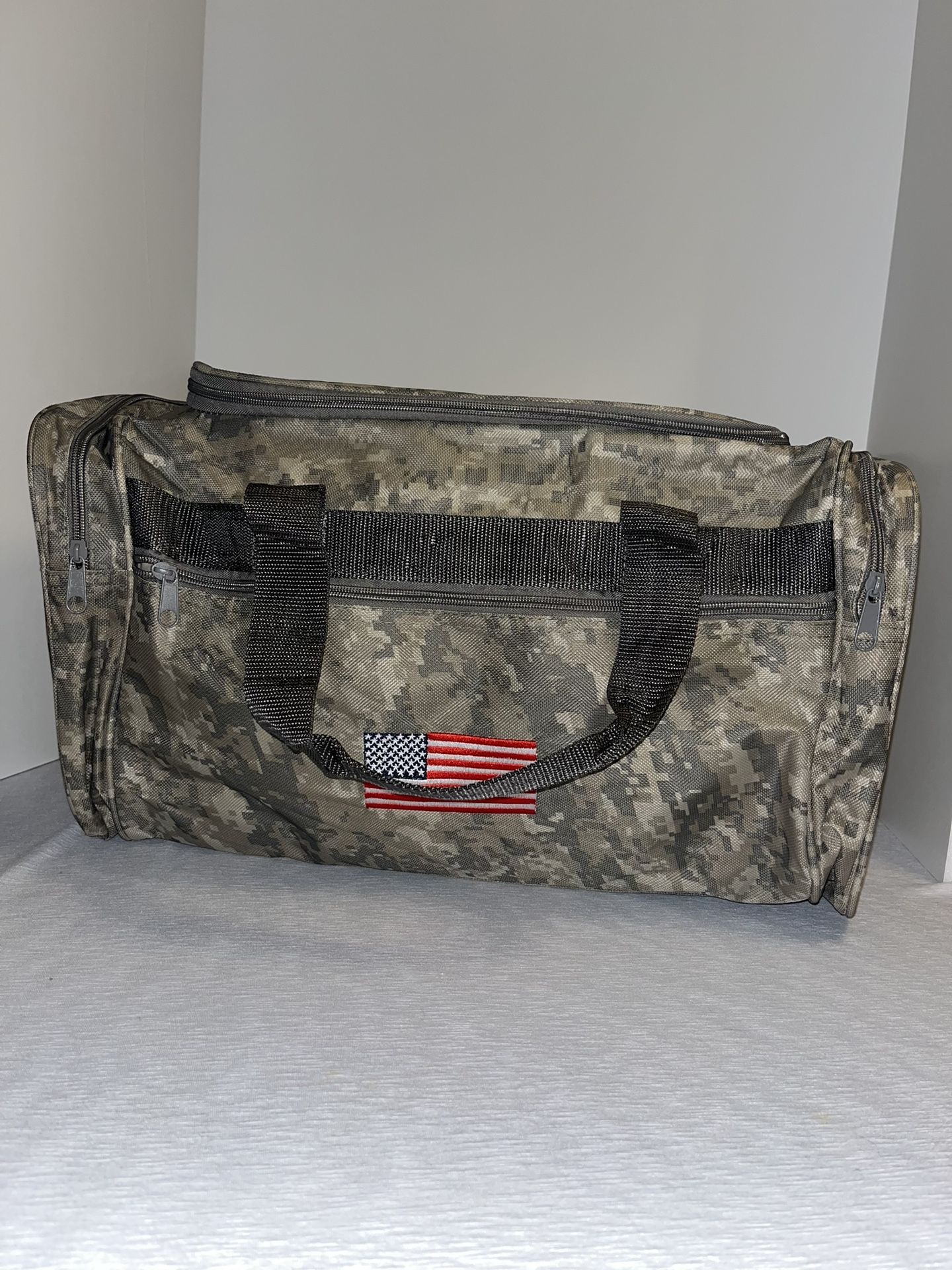 Vintage Digital Camouflage N.R.A. Duffel Bag American Flag Embroidery 14x9x8 in.