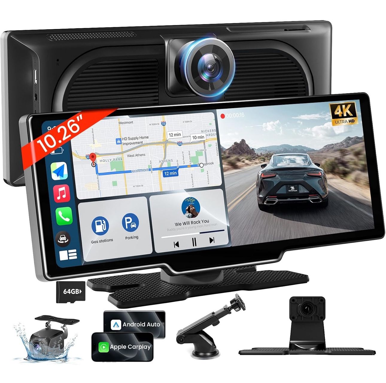 10.26'' Wireless Carplay Screen for Car with 4K Dash Cam & 1080P Backup Camera, Portable Car Audio Receivers with Carplay & Android Auto, GPS Navigati