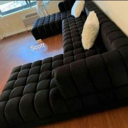 Brand New Black Velvet Double Chaise Sectional 