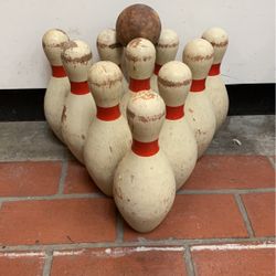 Antique Set Of Wooden Bowling Pins And Ball Small Size