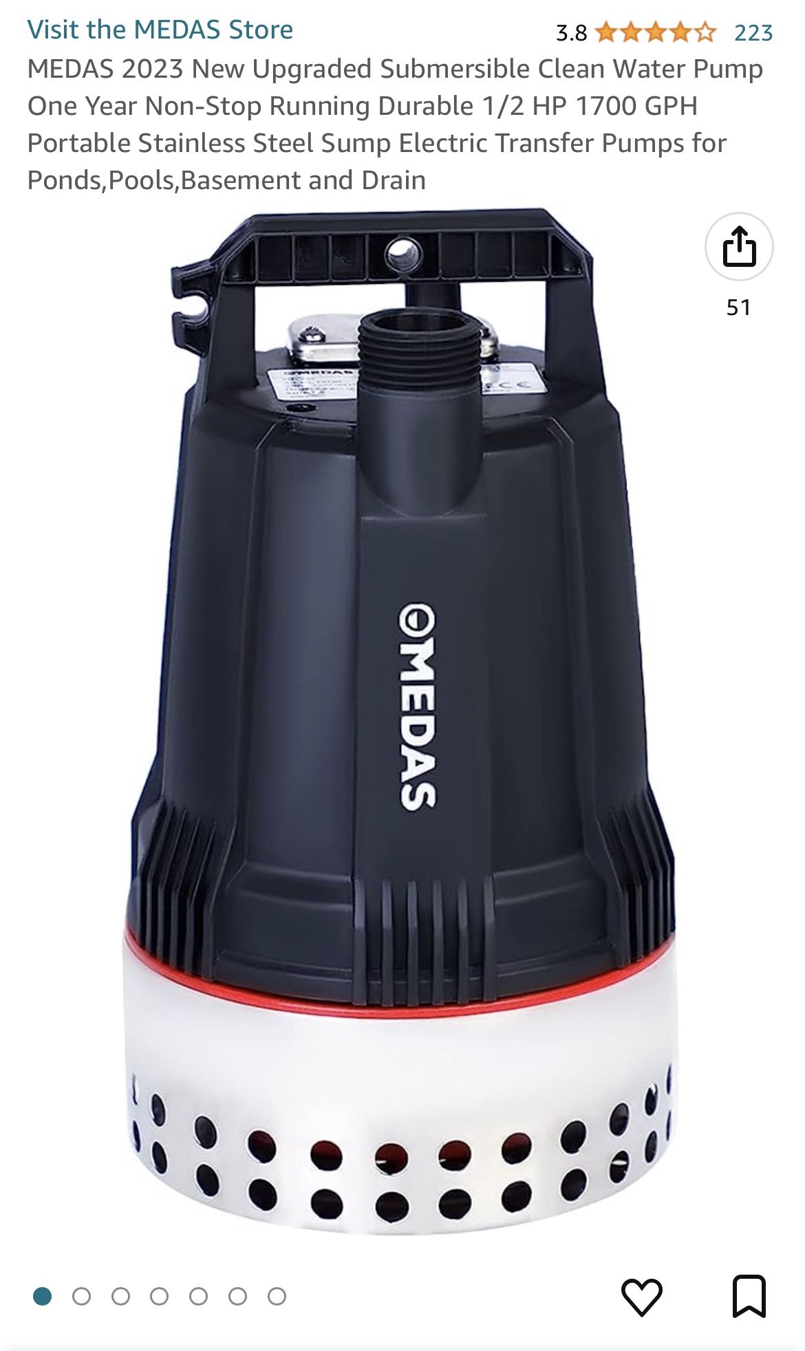 MEDAS 2023 New Upgraded Submersible Clean Water Pump One Year Non-Stop Running Durable 1/2 HP 1700 GPH Portable Stainless Steel Sump Electric Transfer