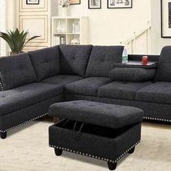 Charcoal Linen Sectional Couch With Drop Down Table 