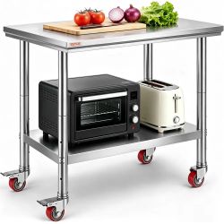 Stainless Steel Work Table 35 x 24 x 33 Inch, 300 LBS Load Capacity with 4 Wheels, 3 Adjustable Height Levels, Heavy Duty Food Prep Worktable for Comm