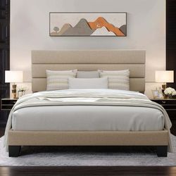 Queen Platform Bed Frame with Fabric Upholstered Headboard and Wooden Slat Support, No Springs Required