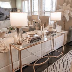 Gold console table - Dimensions 16"D x 63"W x 32"H