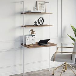 Wood Wall Mount Ladder 2-Shelf Desk Oak