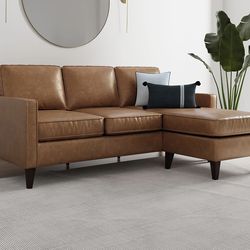 NEW Leather Sectional Sofa, 3 Person Leather Reversible Sectional Upholstered Couch, Saddle Brown !