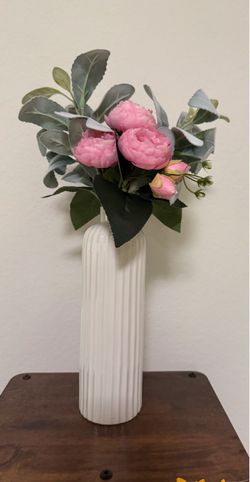 Faux Peony Arrangement in White Ribbed Vase
