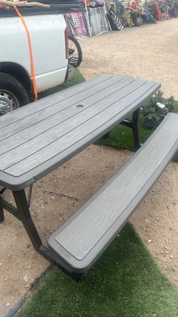 Lifetime outdoors, picking table 72 inches long 58 inches wide 30 inches high. The seat is 18 inches high.