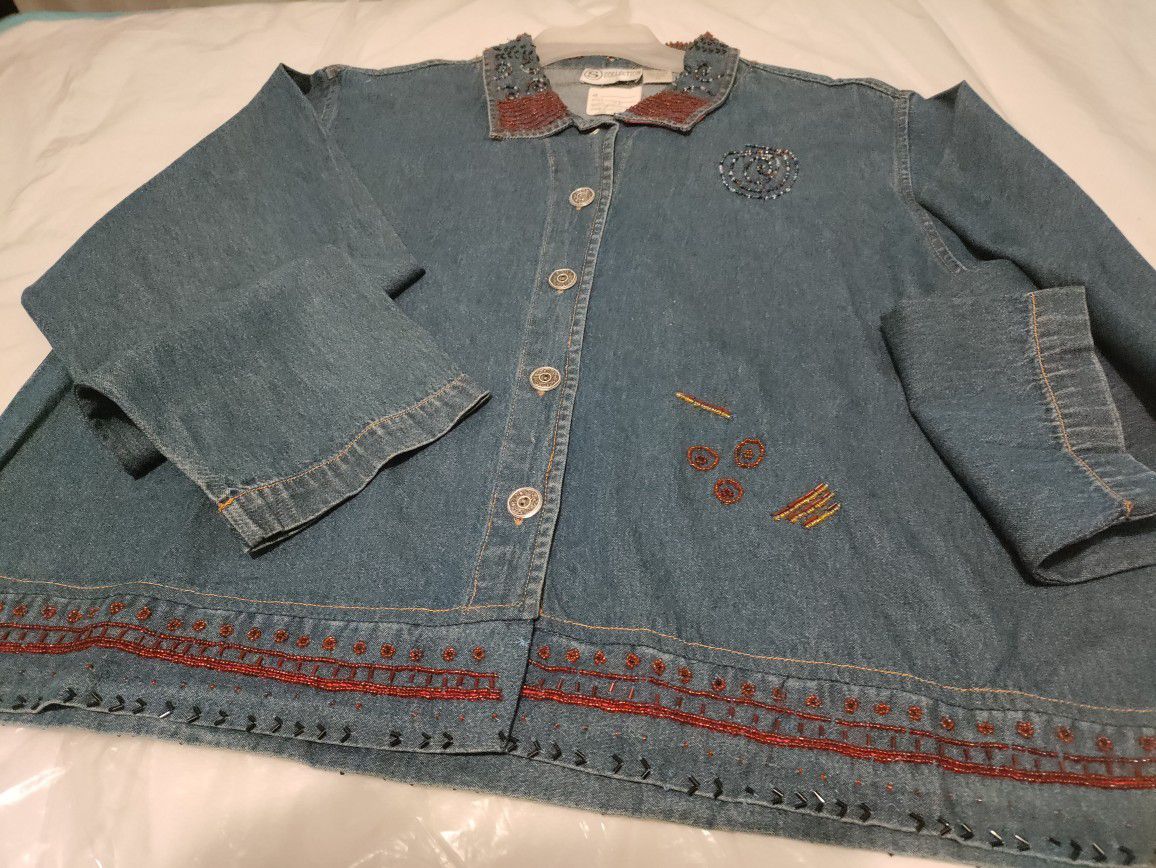Denim Jacket (New) With Beaded And Embroidered Trim