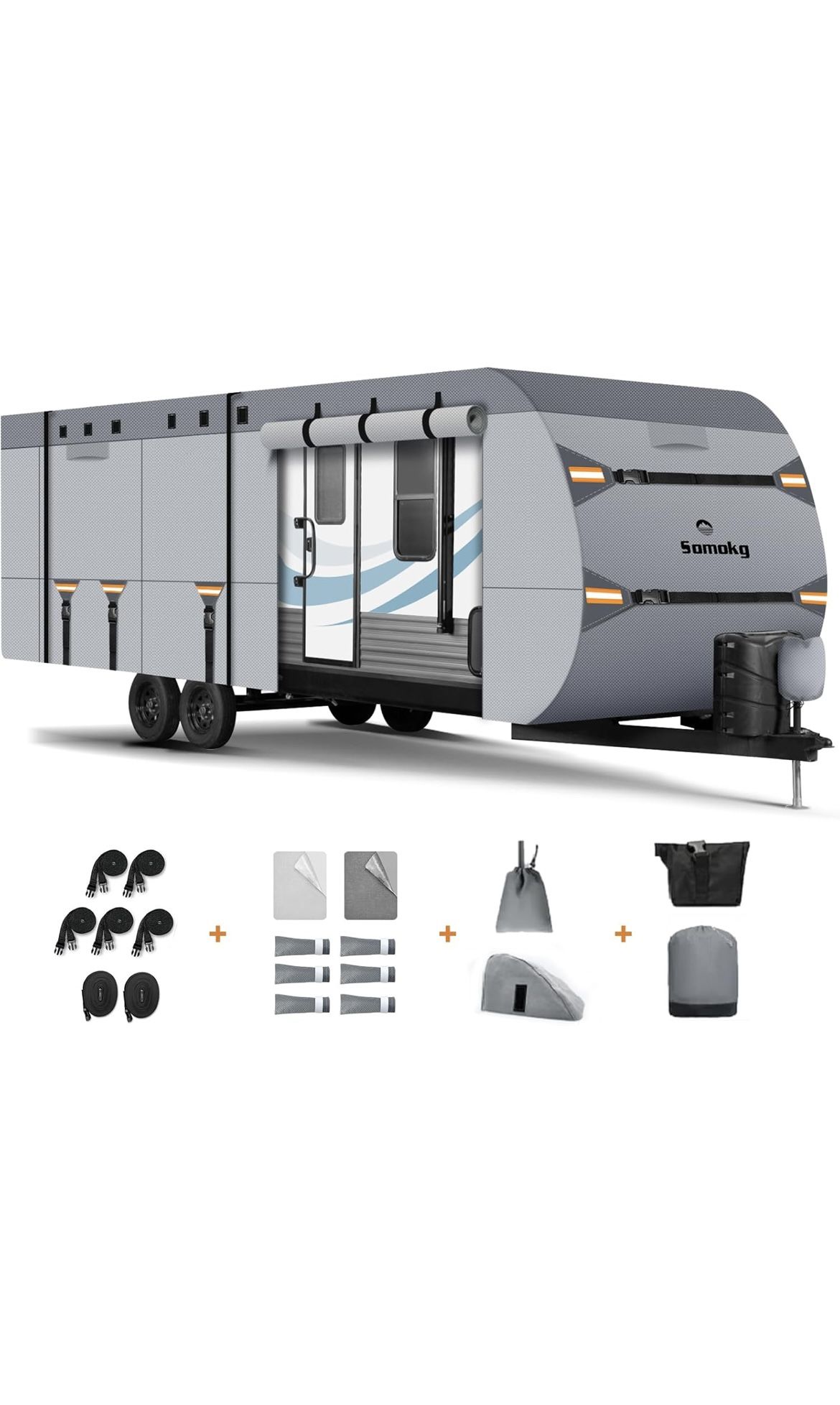 Upgrade 7 Layers Heavy Duty Travel Trailer RV Cover, 14-16 FT - Snowproof, Rip-Stop Camper Cover with 4+2 Windproof Straps & Abundant Kit