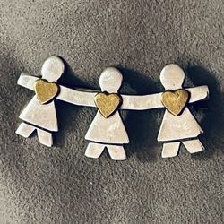 Vintage Signed Sterling Silver Brooch Pin With Gold Tone Heart Shape Inlay 