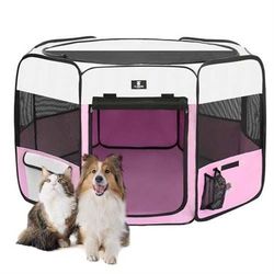 Portable Foldable Pet Dog Cat Playpen Crates Kennel/Premium 600D Oxford Cloth,Removable Zipper Top, Indoor and Outdoor Use (XL, Pink) 55"L x 55"W x 30