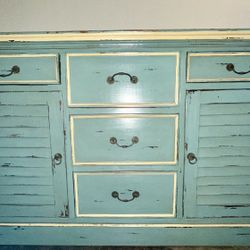 Distressed Solid Wood Teal Sideboard