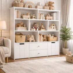 Storage Organizer, Large Kids Bookshelf with 4 Drawers and 7 Cubbies, Toy Organizers and Storage with Hidden Wheels, Kids Storage Organizer Playroom, 