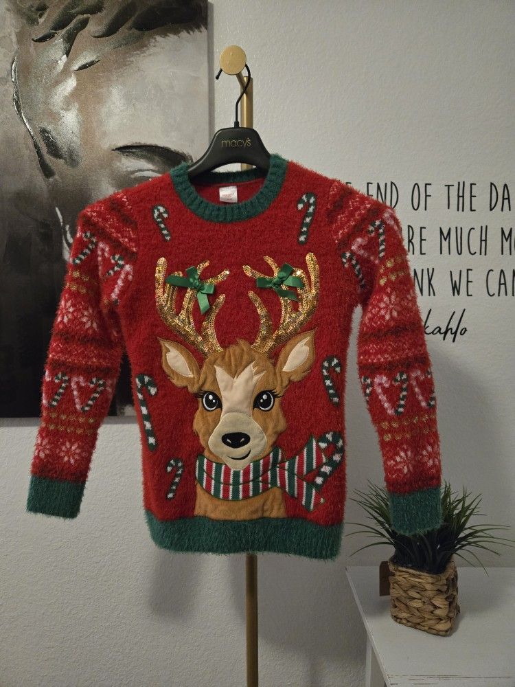 Holiday Time Kids Girls Red and Green Reindeer Christmas Sweater Size L(10-12)