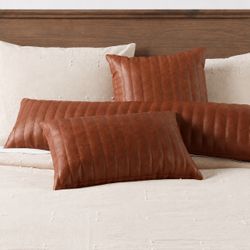 3 PC Faux Leather Channel Stitch Decorative Throw Pillow Cognac - Threshold™: Indoor Polyurethane &