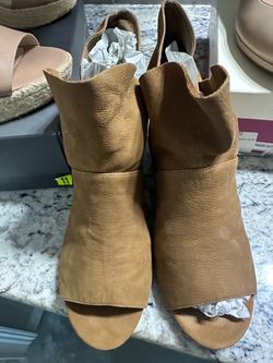 Tan Leather Open-Toe Wedge Booties