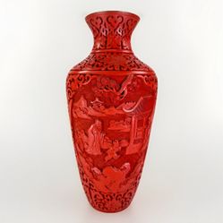 Chinese Deep Carved Cinnabar Lacquer Vase Mountain and River Early 1900 Republic